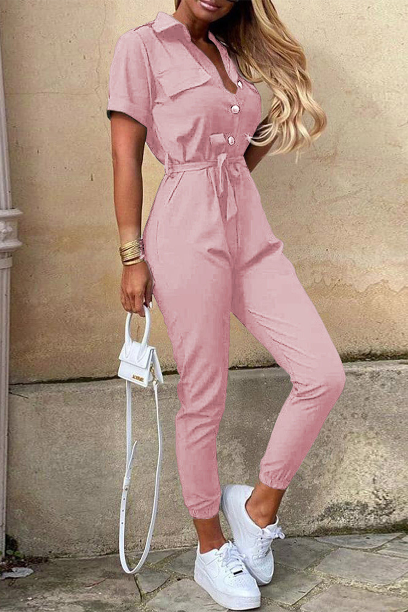 Casual Daily Solid Frenulum With Belt Turndown Collar Regular Jumpsuits(10 Colors) - Fashionpara