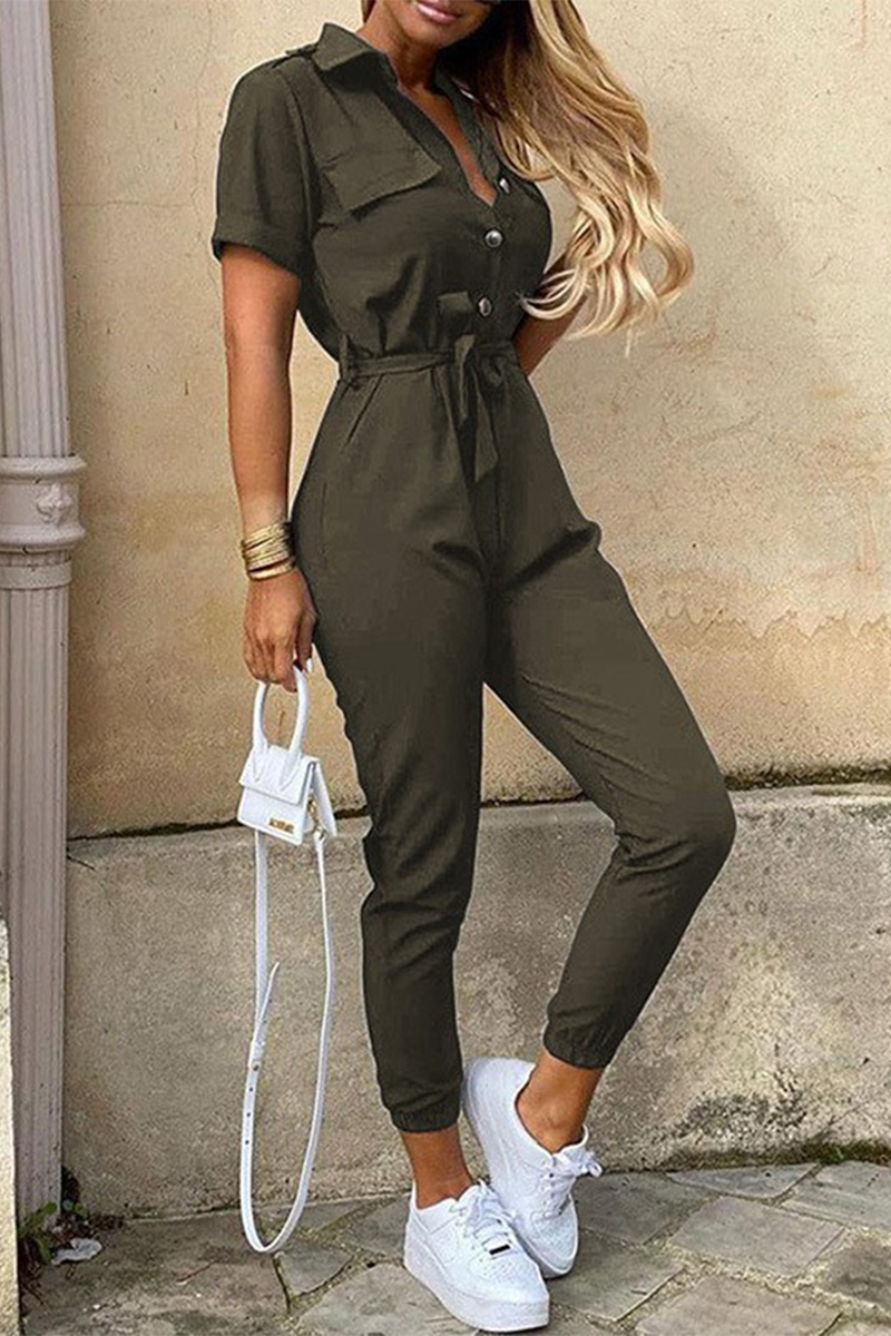 Casual Daily Solid Frenulum With Belt Turndown Collar Regular Jumpsuits(10 Colors) - Fashionpara