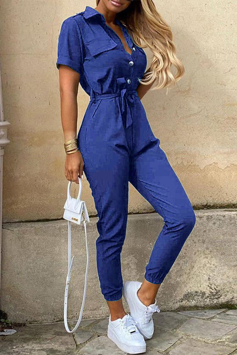 Casual Daily Solid Frenulum With Belt Turndown Collar Regular Jumpsuits(10 Colors) - Fashionpara