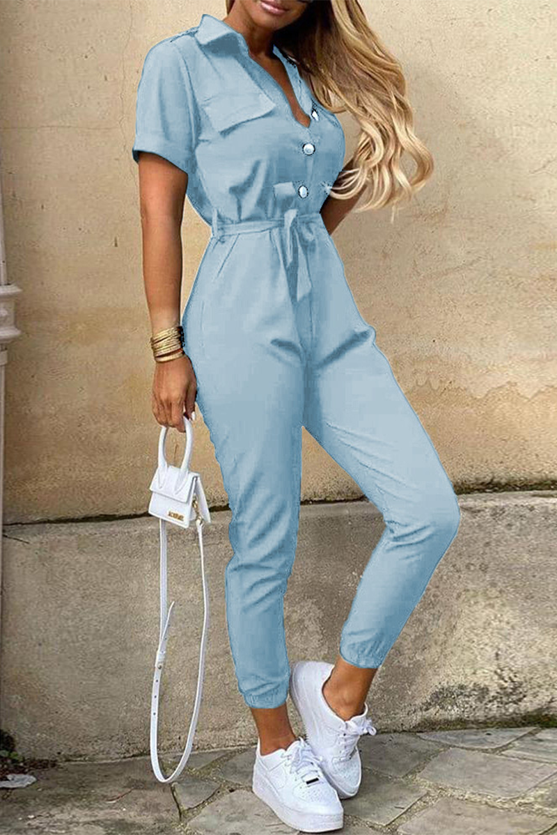 Casual Daily Solid Frenulum With Belt Turndown Collar Regular Jumpsuits(10 Colors) - Fashionpara