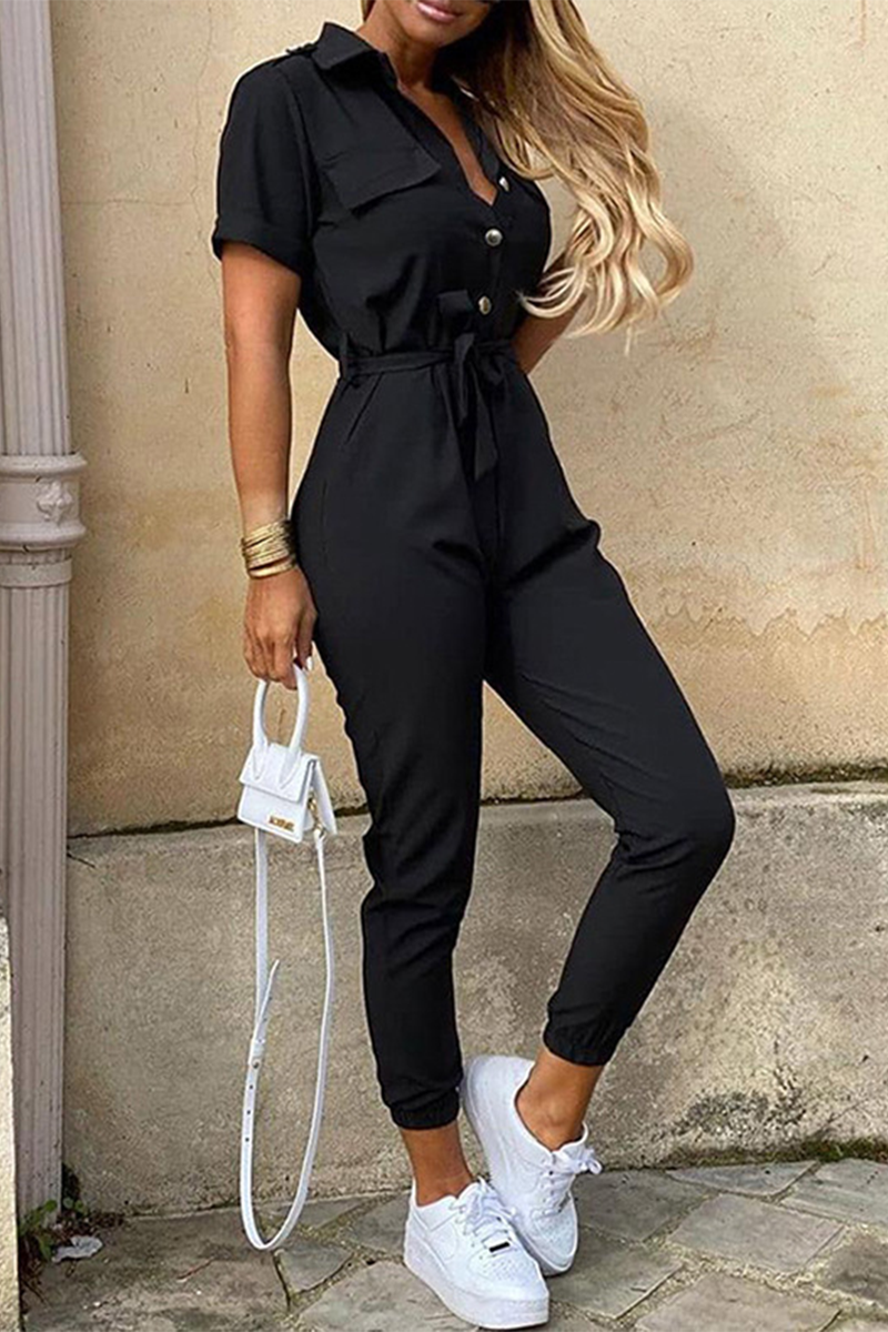 Casual Daily Solid Frenulum With Belt Turndown Collar Regular Jumpsuits(10 Colors) - Fashionpara