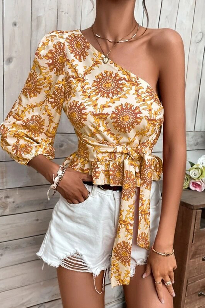 Elegant Vacation Not Positioning Printed Patchwork Oblique Collar Tops(4 Colors) - Fashionpara