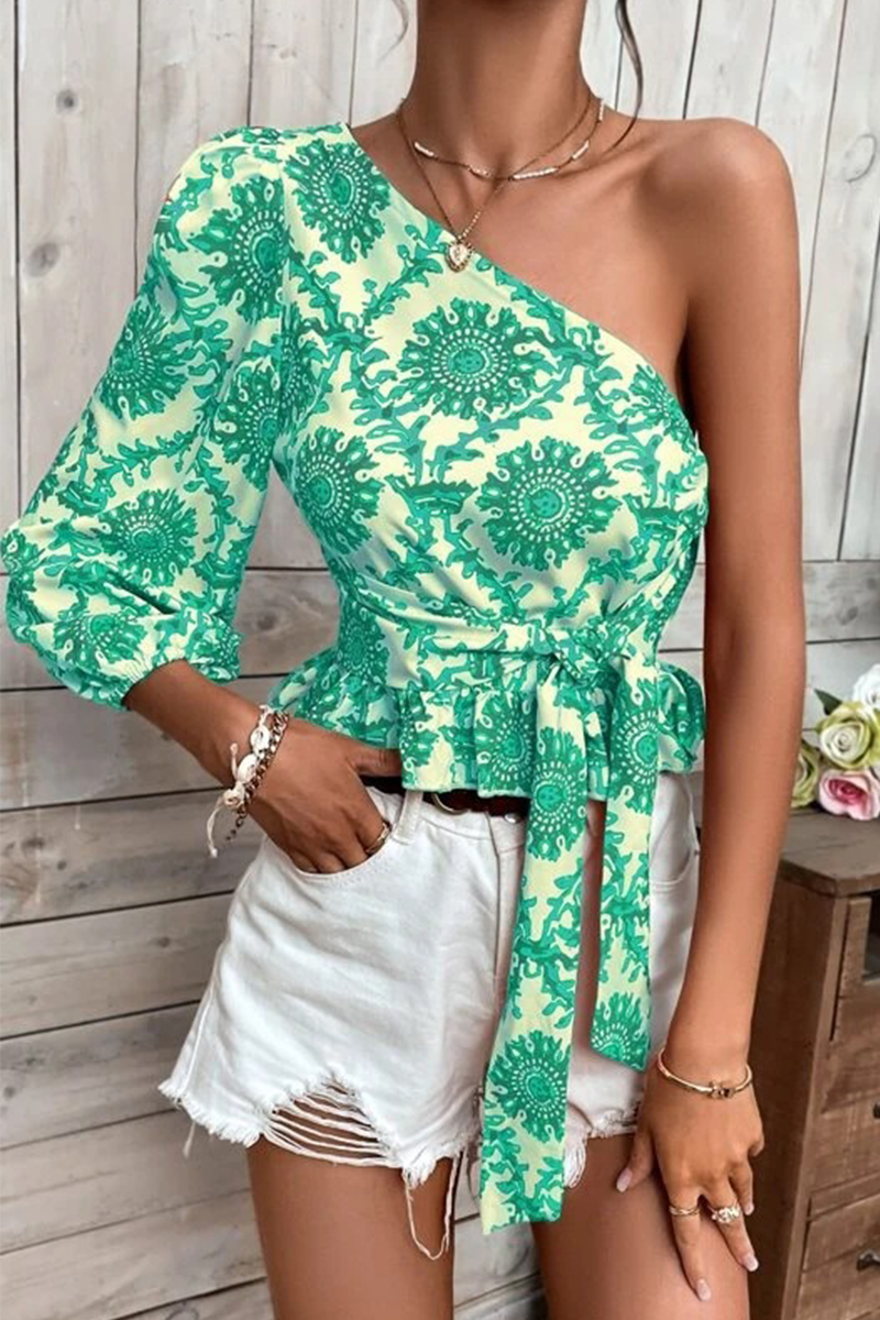 Elegant Vacation Not Positioning Printed Patchwork Oblique Collar Tops(4 Colors) - Fashionpara