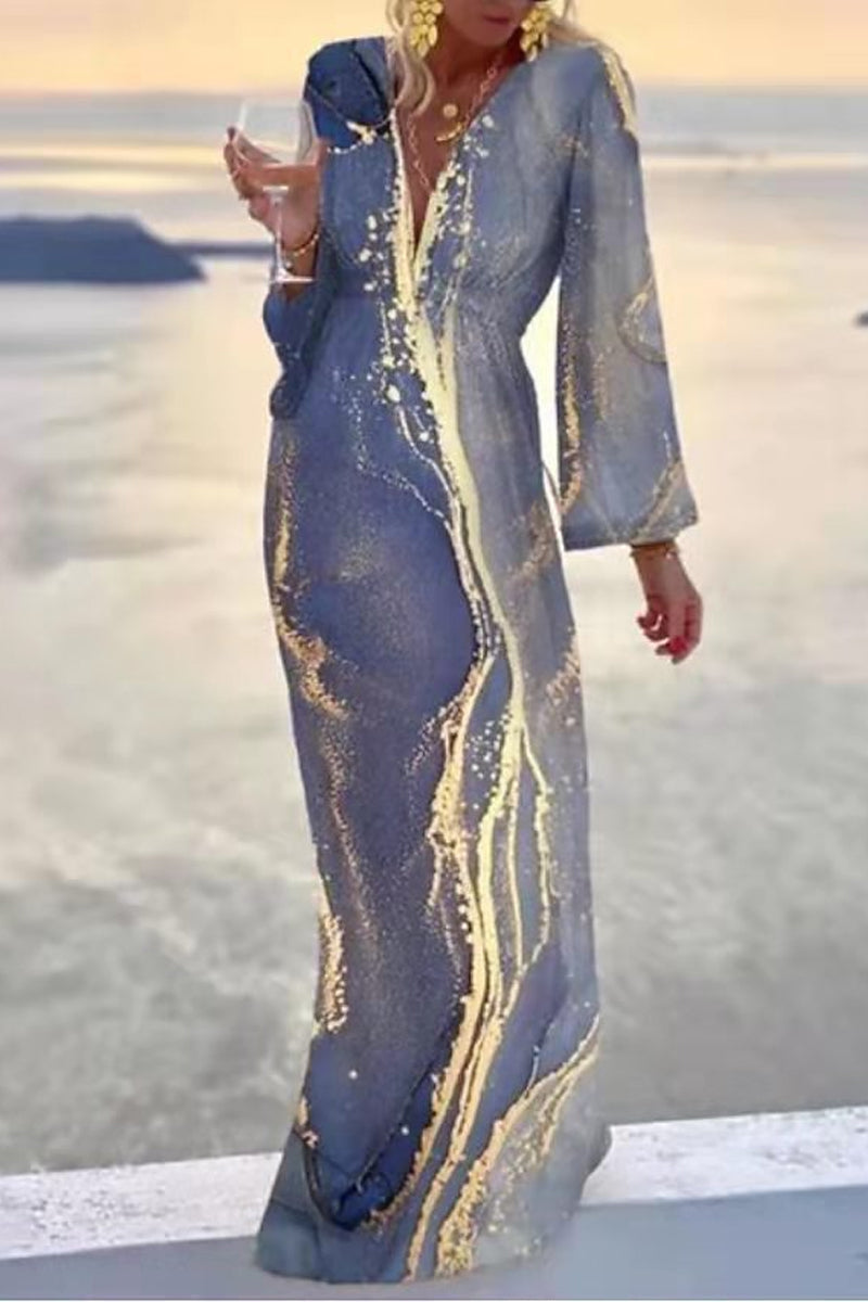 Casual Print Patchwork V Neck Printed Dress Dresses(3 Colors) Fashionpara