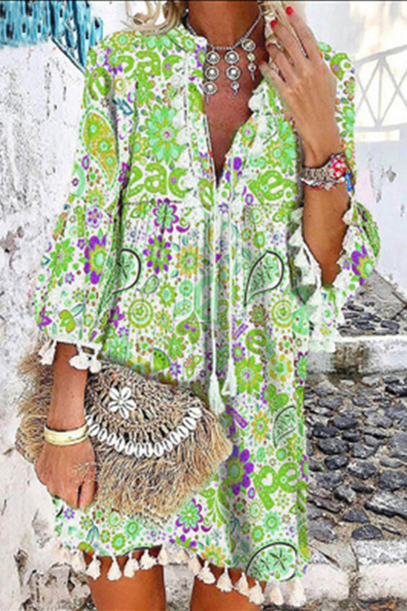 Casual Print Tassel V Neck Cake Skirt Dresses(3 Colors) Fashionpara