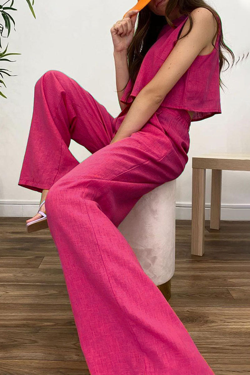 Casual Solid Patchwork O Neck Sleeveless Two Pieces - Fashionpara