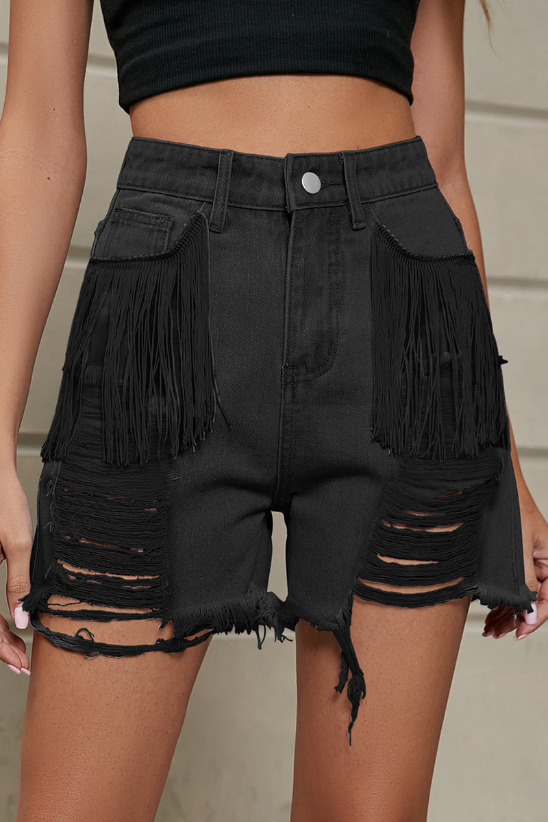 Casual Simplicity Solid Tassel Ripped Straight Denim Shorts - Fashionpara