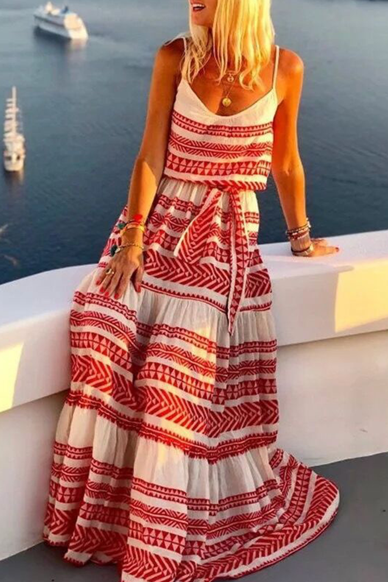 Casual Striped Bandage Spaghetti Strap Cake Skirt Dresses - Fashionpara