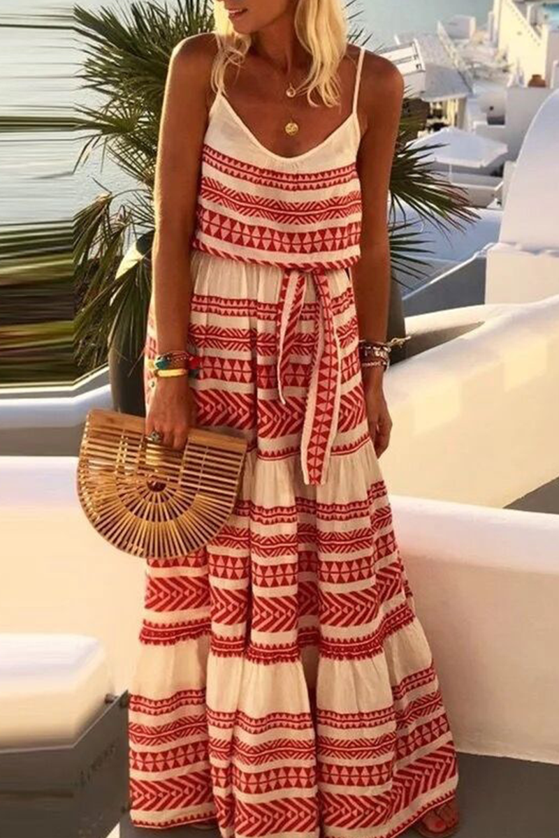 Casual Striped Bandage Spaghetti Strap Cake Skirt Dresses - Fashionpara