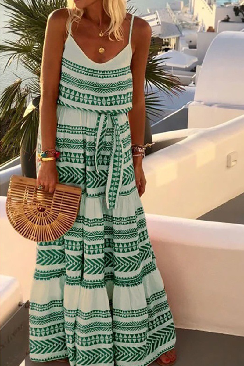 Casual Striped Bandage Spaghetti Strap Cake Skirt Dresses - Fashionpara