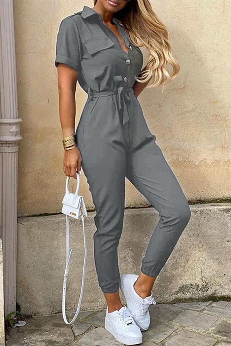 Casual Daily Solid Frenulum With Belt Turndown Collar Regular Jumpsuits(10 Colors) - Fashionpara