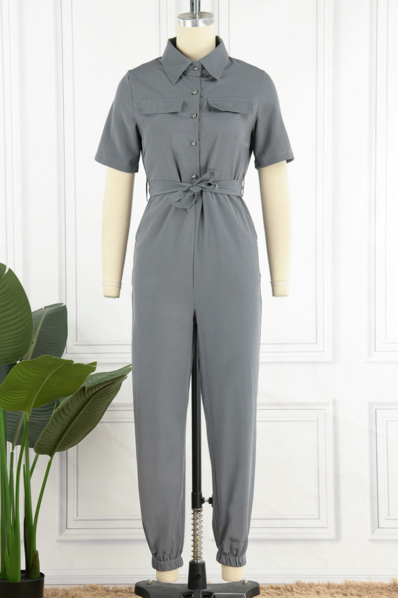 Casual Daily Solid Frenulum With Belt Turndown Collar Regular Jumpsuits(10 Colors) - Fashionpara