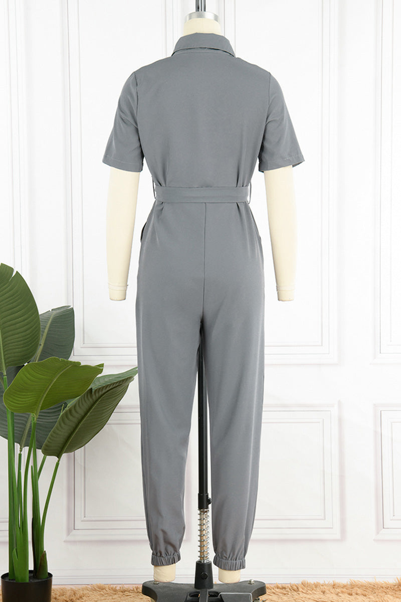 Casual Daily Solid Frenulum With Belt Turndown Collar Regular Jumpsuits(10 Colors) - Fashionpara