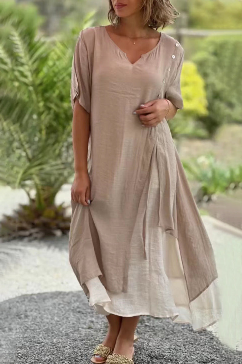 Casual College Solid Patchwork V Neck Irregular Dress Dresses(3 Colors) - Fashionpara