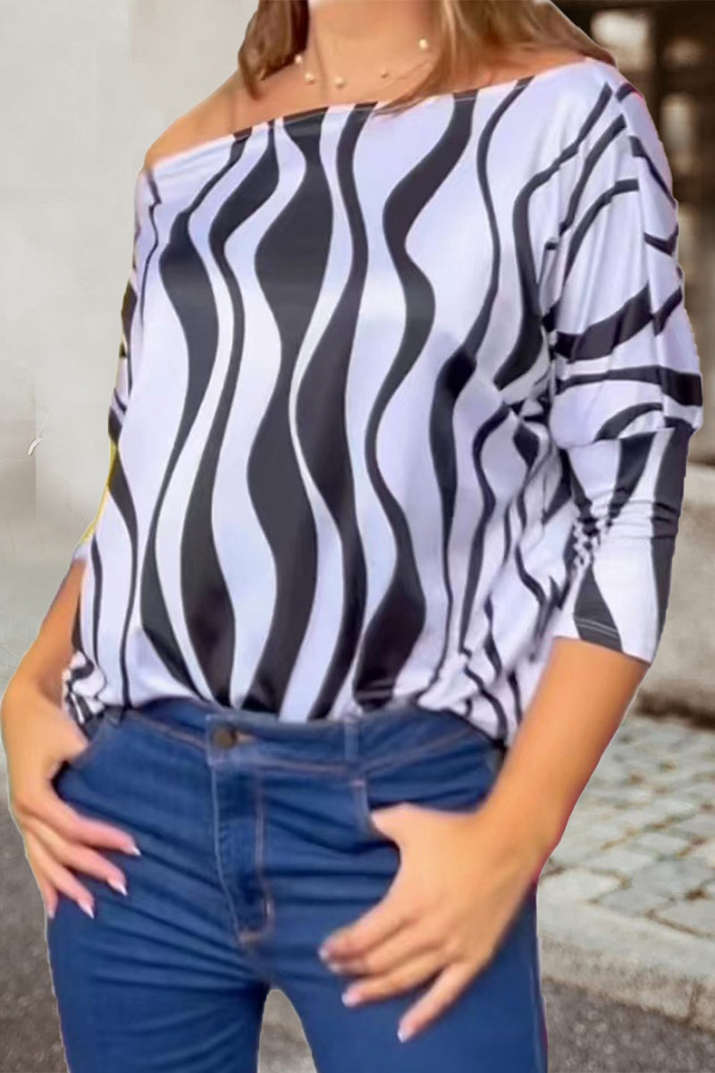 Work Elegant Print Patchwork Oblique Collar T-Shirts(7 Colors) - Fashionpara