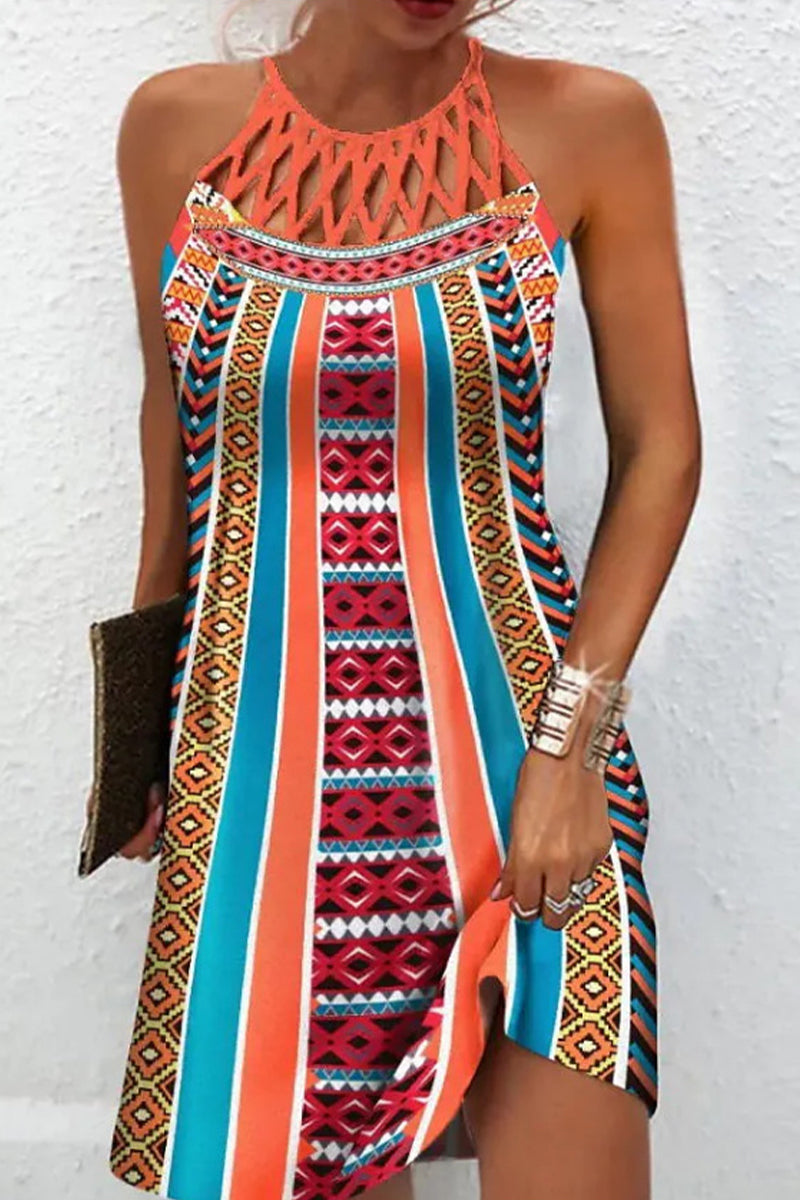 Elegant College National Totem Patchwork Halter Printed Dress Dresses(10 Colors) - Fashionpara