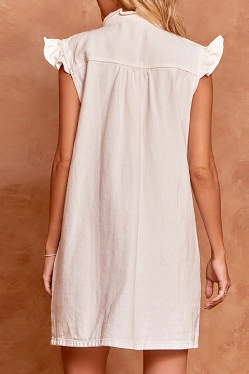 Casual Daily Solid Make Old Buckle Lotus Leaf Collar Short Sleeve Straight Denim Dresses - Fashionpara