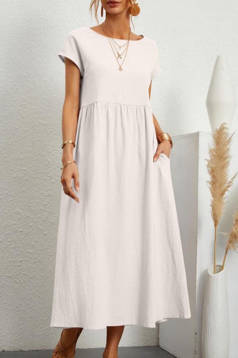 Casual Daily Solid Pocket O Neck Short Sleeve Dress(11 Colors) - Fashionpara