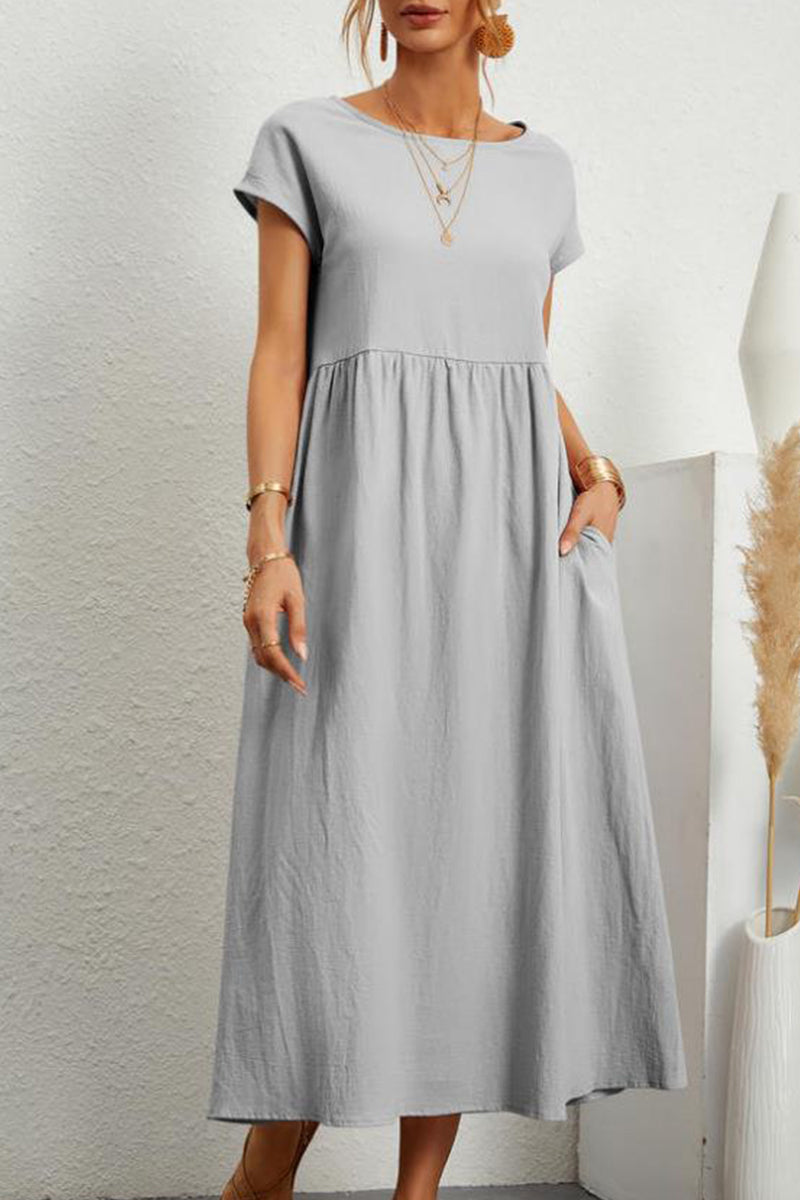 Casual Daily Solid Pocket O Neck Short Sleeve Dress(11 Colors) - Fashionpara