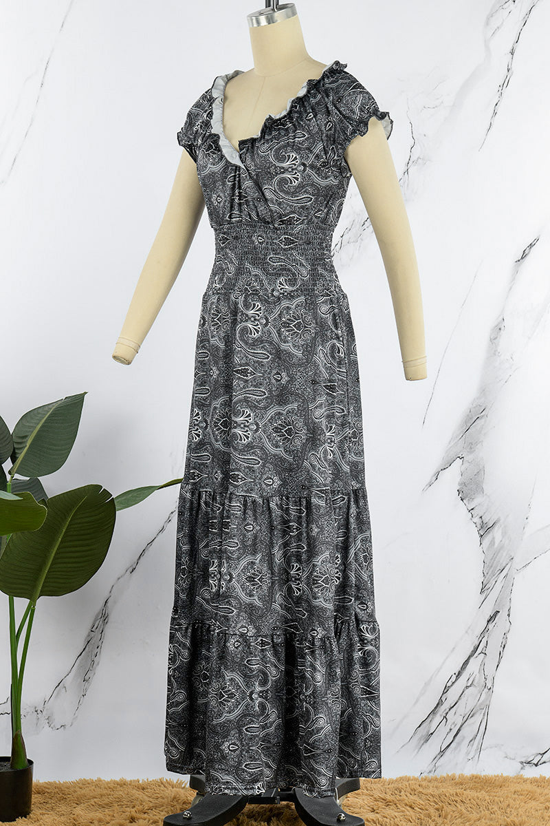 Bohemian College Print Fold V Neck A Line Dresses(6 Colors) - Fashionpara