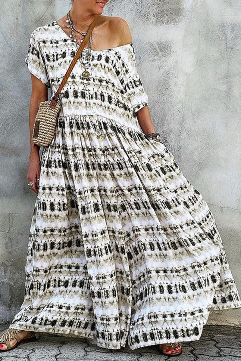 Casual Vacation Geometric Patchwork O Neck Irregular Dress Short Sleeve Dress - Fashionpara