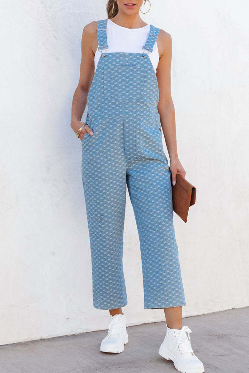 Casual Street Print Pocket Square Collar Sleeveless Loose Denim Jumpsuits - Fashionpara
