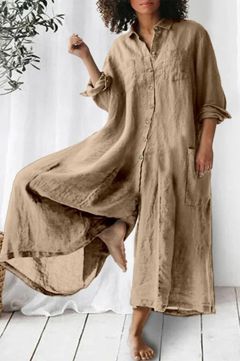 Casual Vacation Solid Pocket Buttons Turndown Collar Loose Jumpsuits(3 Colors) - Fashionpara