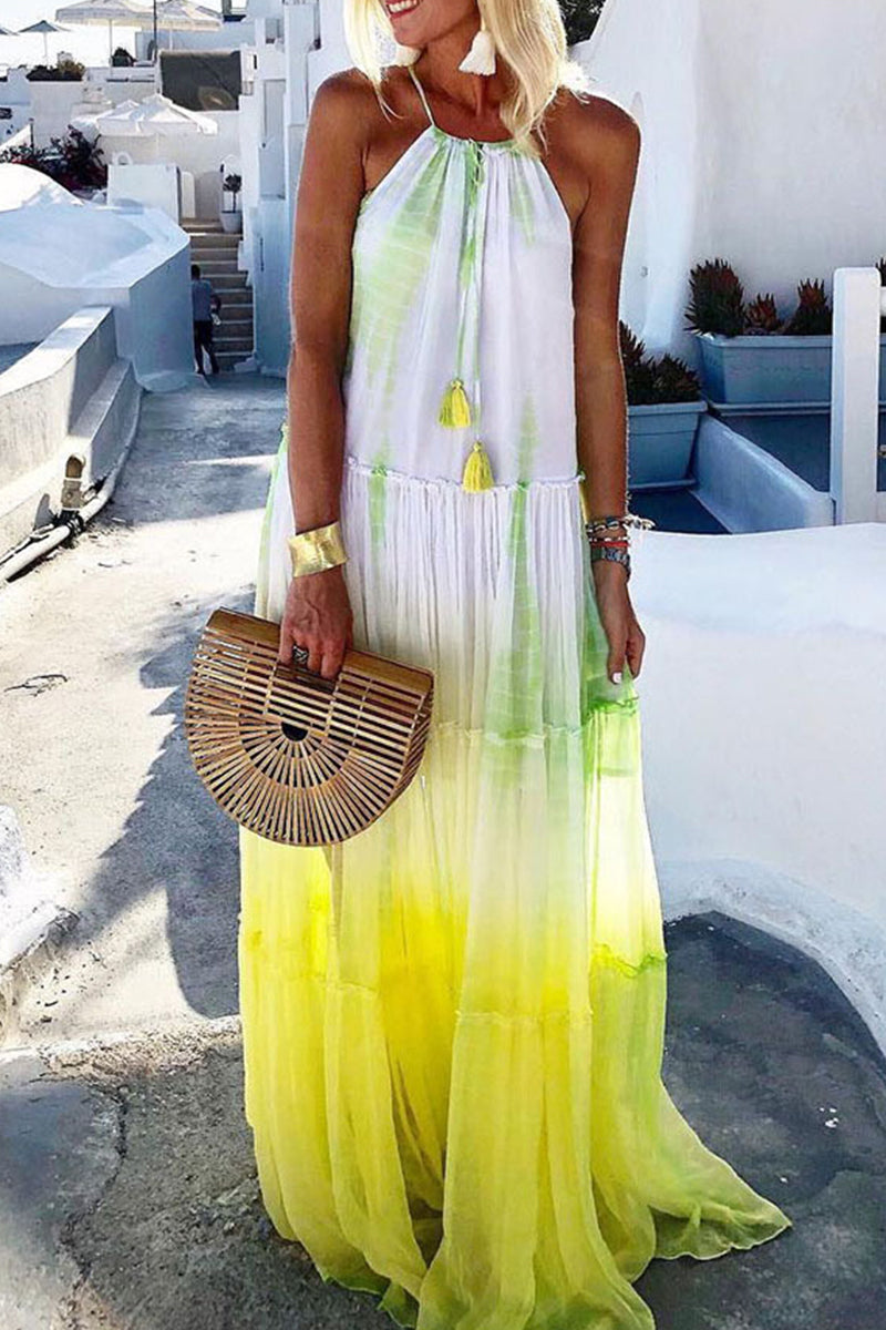 Sexy Vacation Gradual Change Contrast Halter Beach Dress Dresses - Fashionpara