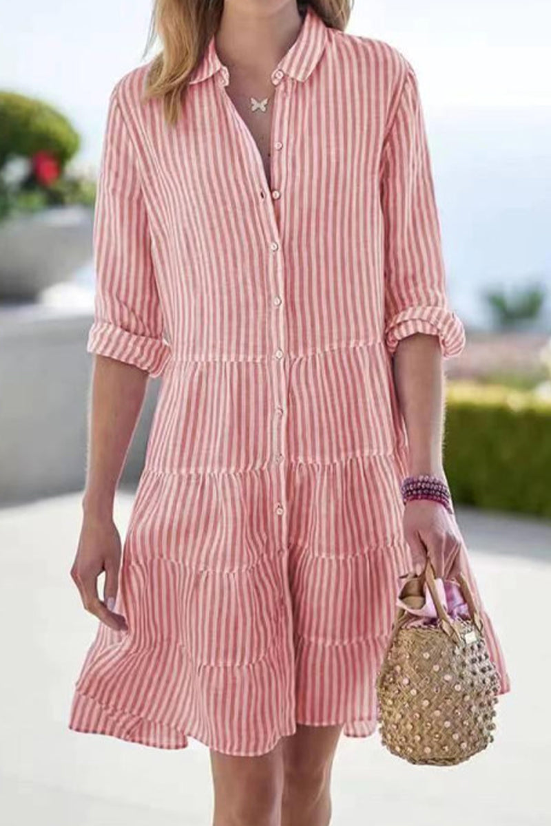 Street Elegant Geometric Draw String Turndown Collar Shirt Dress Dresses(6 Colors) - Fashionpara