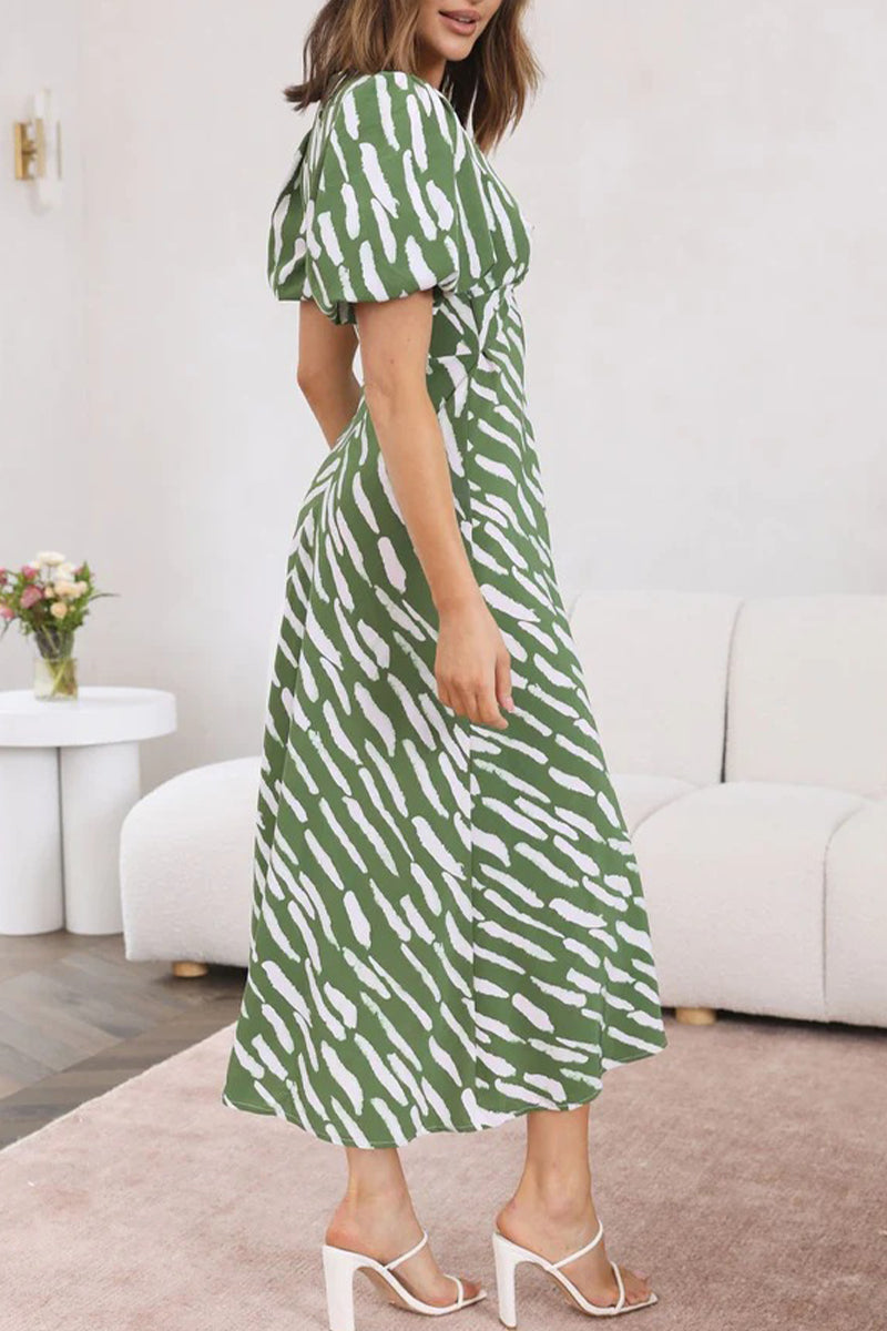 Sweet Elegant Geometric Patchwork V Neck Waist Skirt Dresses - Fashionpara