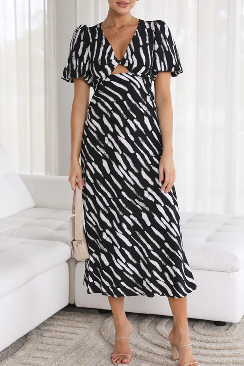 Sweet Elegant Geometric Patchwork V Neck Waist Skirt Dresses - Fashionpara