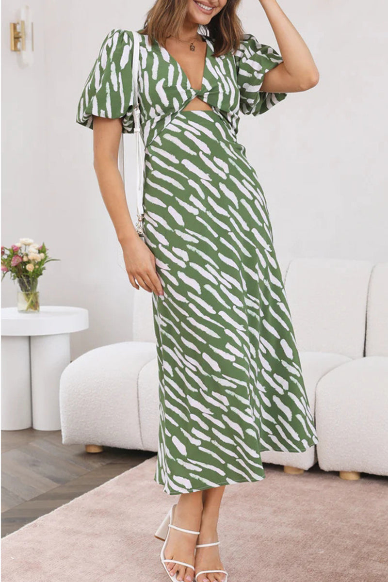 Sweet Elegant Geometric Patchwork V Neck Waist Skirt Dresses - Fashionpara