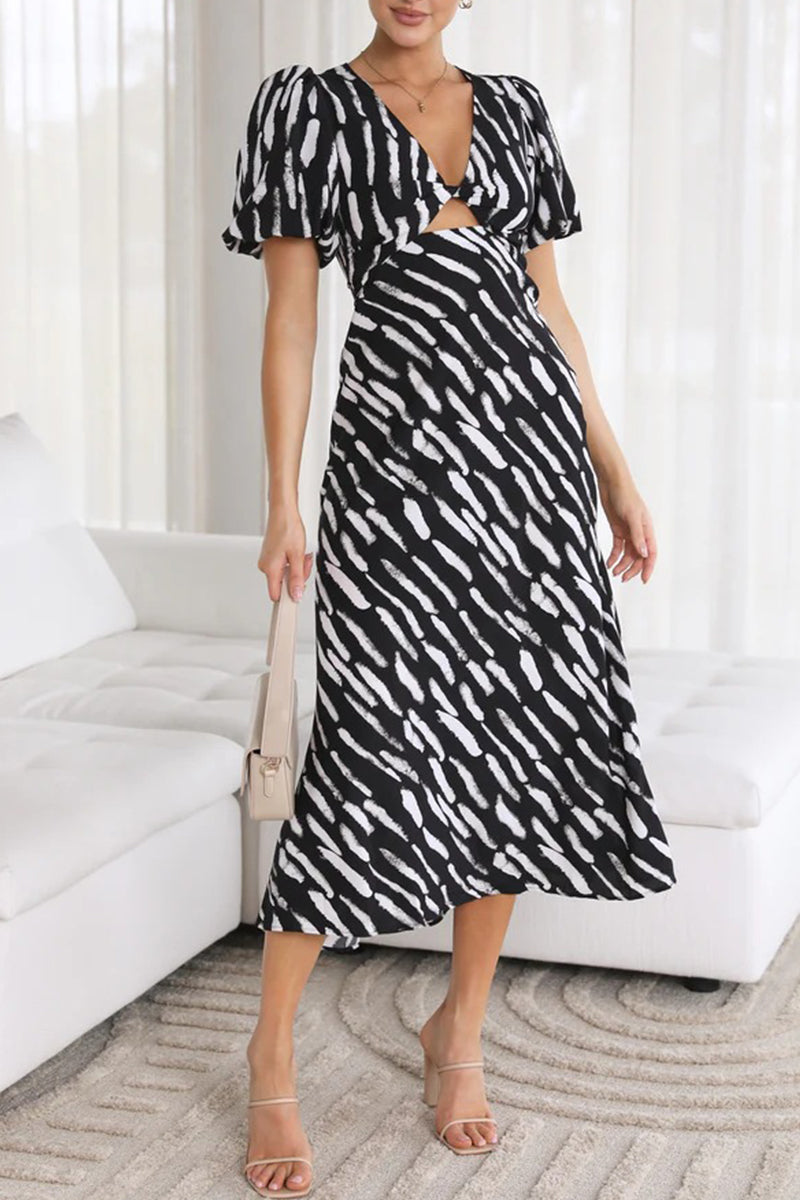 Sweet Elegant Geometric Patchwork V Neck Waist Skirt Dresses - Fashionpara