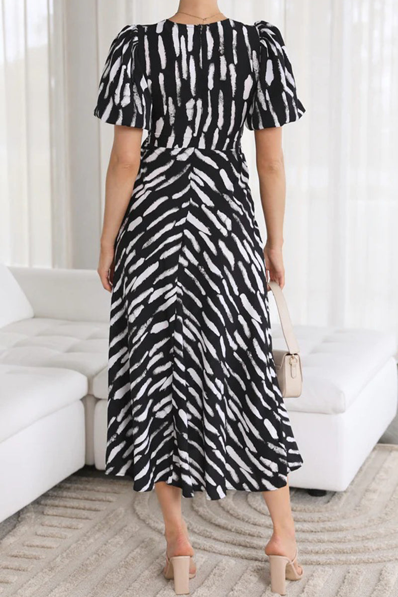 Sweet Elegant Geometric Patchwork V Neck Waist Skirt Dresses - Fashionpara