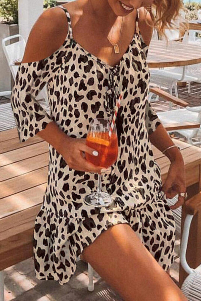 Leopard 3/4 Sleeves Shift Above Knee Casual/Vacation Tunic Dresses Fashionpara
