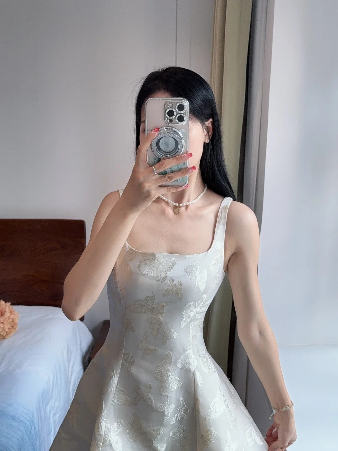 Elegant White A-line Square Neck Halter Top With Butterfly Jacquard Satin Long Prom Dress Evening Dress P4168