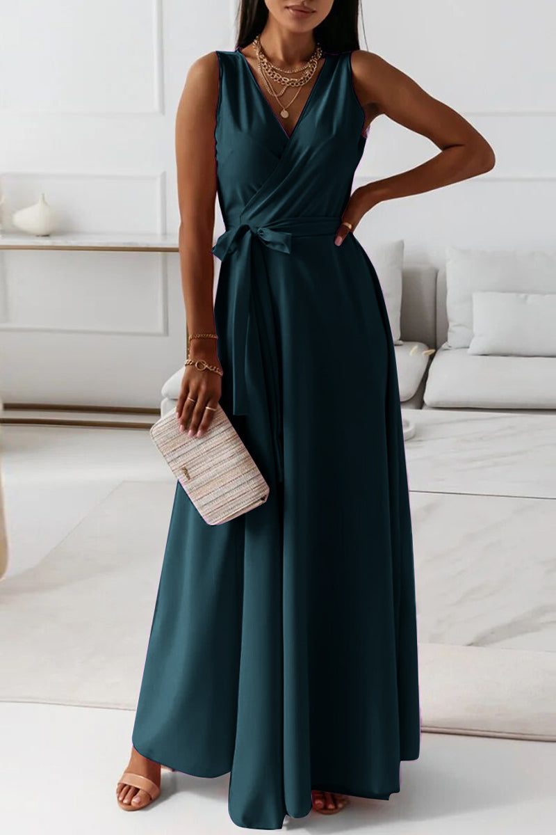 Celebrities Elegant Solid With Belt V Neck Evening Dress Dresses(4 Colors) - Fashionpara