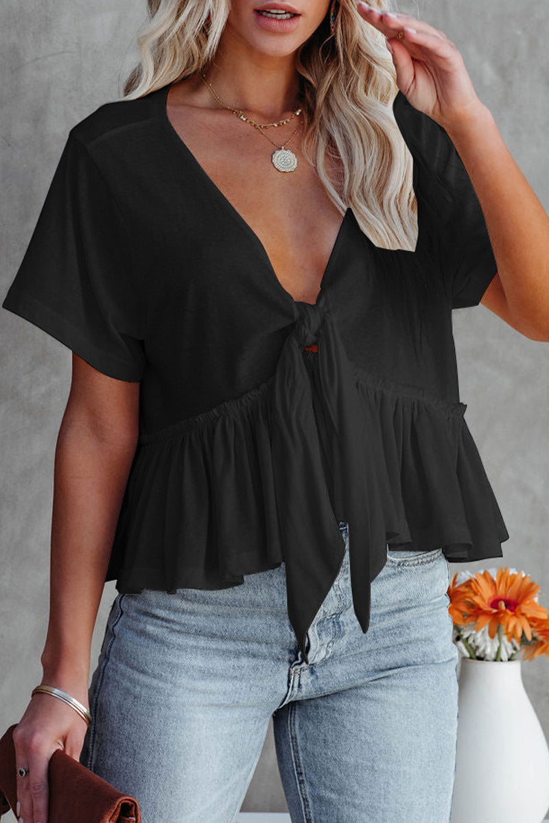 Sexy Daily Solid Bandage POLO Collar Blouses(5 Colors) - Fashionpara