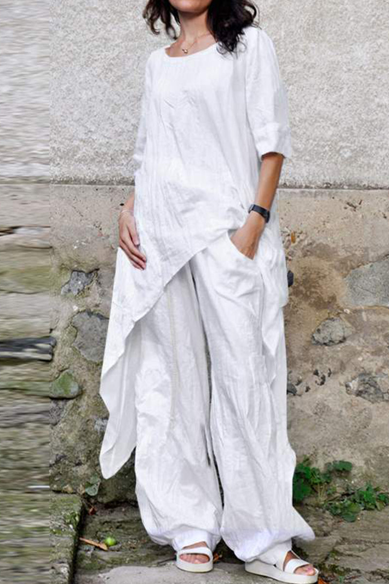 Casual Simplicity Solid Asymmetrical O Neck Three Quarter Two Pieces(4 Colors) - Fashionpara