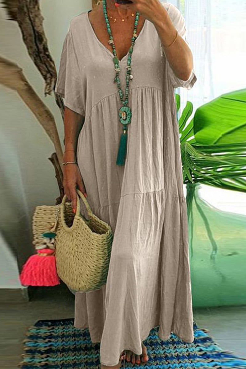 Plus Size Casual College Solid Asymmetrical V Neck Short Sleeve Dress(4 Colors) - Fashionpara