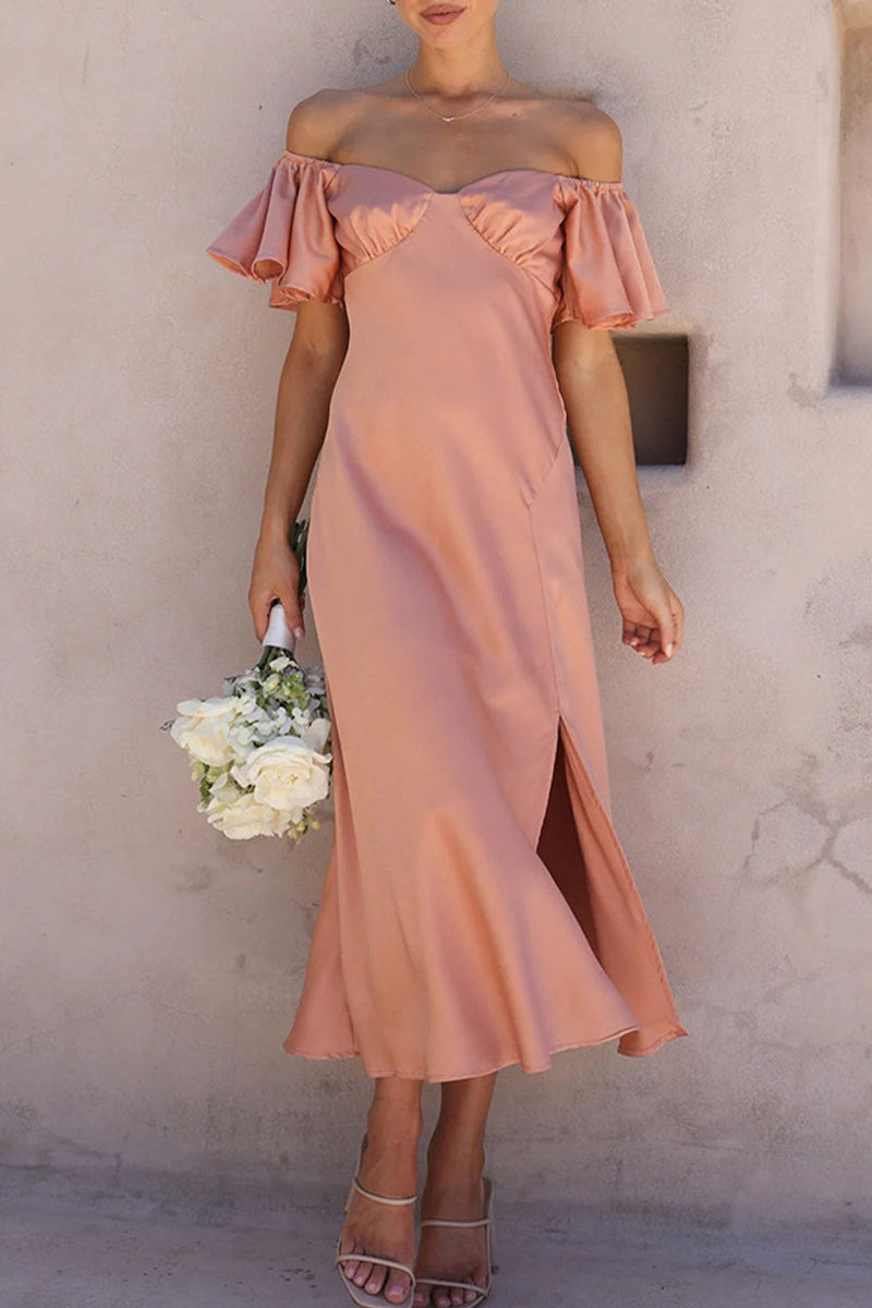 Sexy Celebrities Solid Slit Off the Shoulder Pleated Dresses - Fashionpara