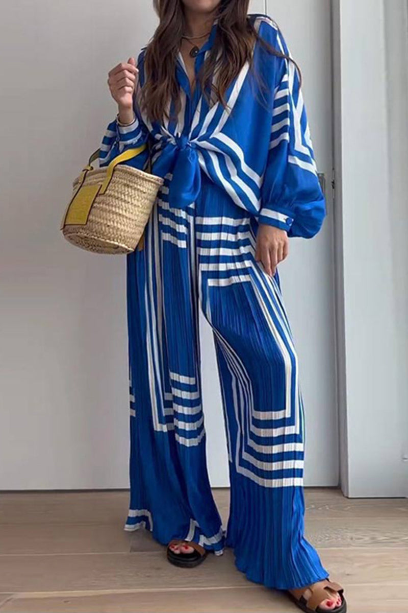 Casual Striped Print Patchwork V Neck Long Sleeve Two Pieces Fashionpara