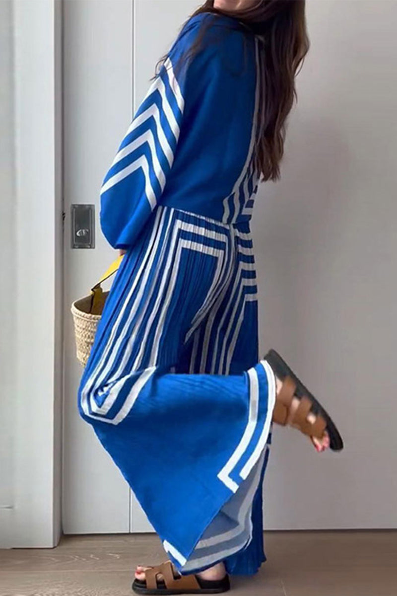 Casual Striped Print Patchwork V Neck Long Sleeve Two Pieces Fashionpara