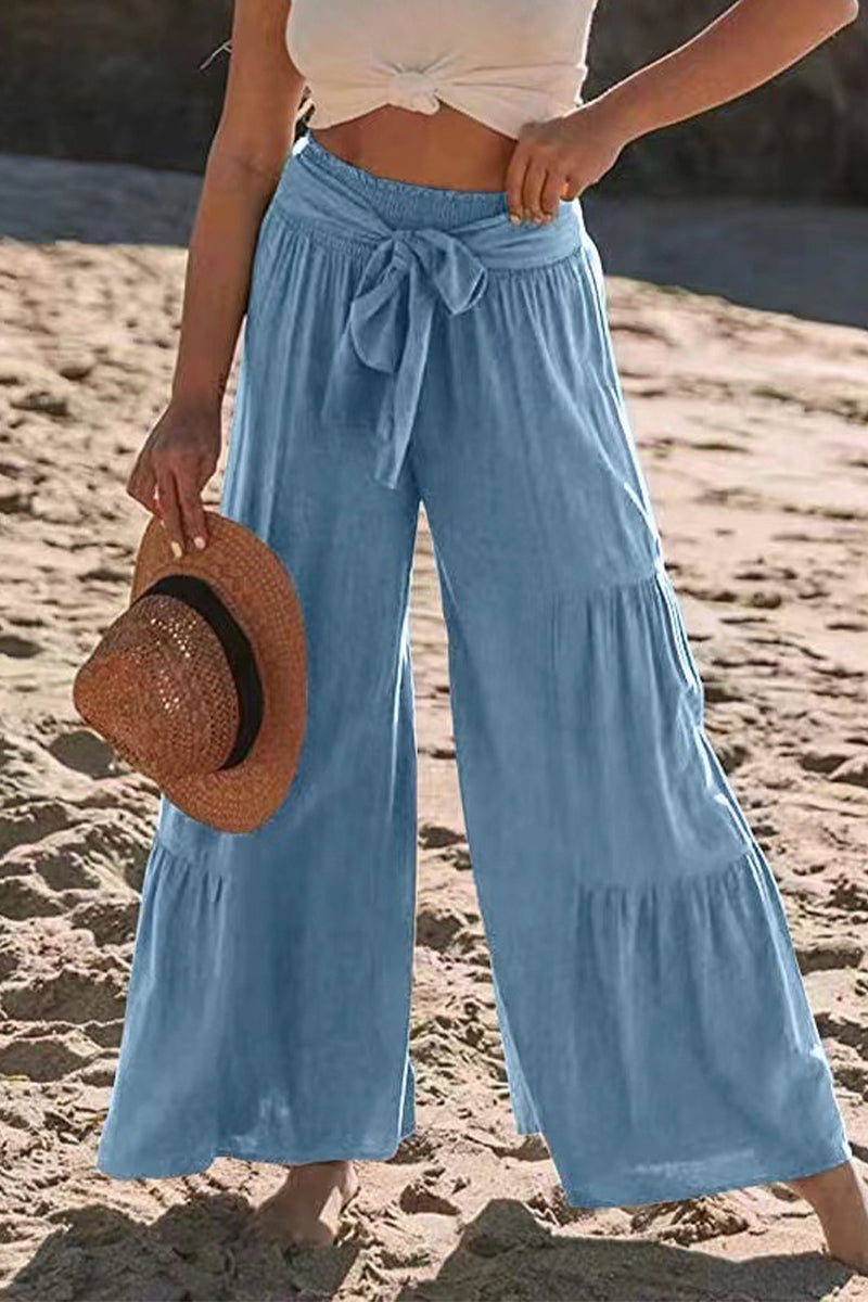 Casual Vacation Solid Bandage Fold Loose High Waist Wide Leg Solid Color Bottoms Fashionpara