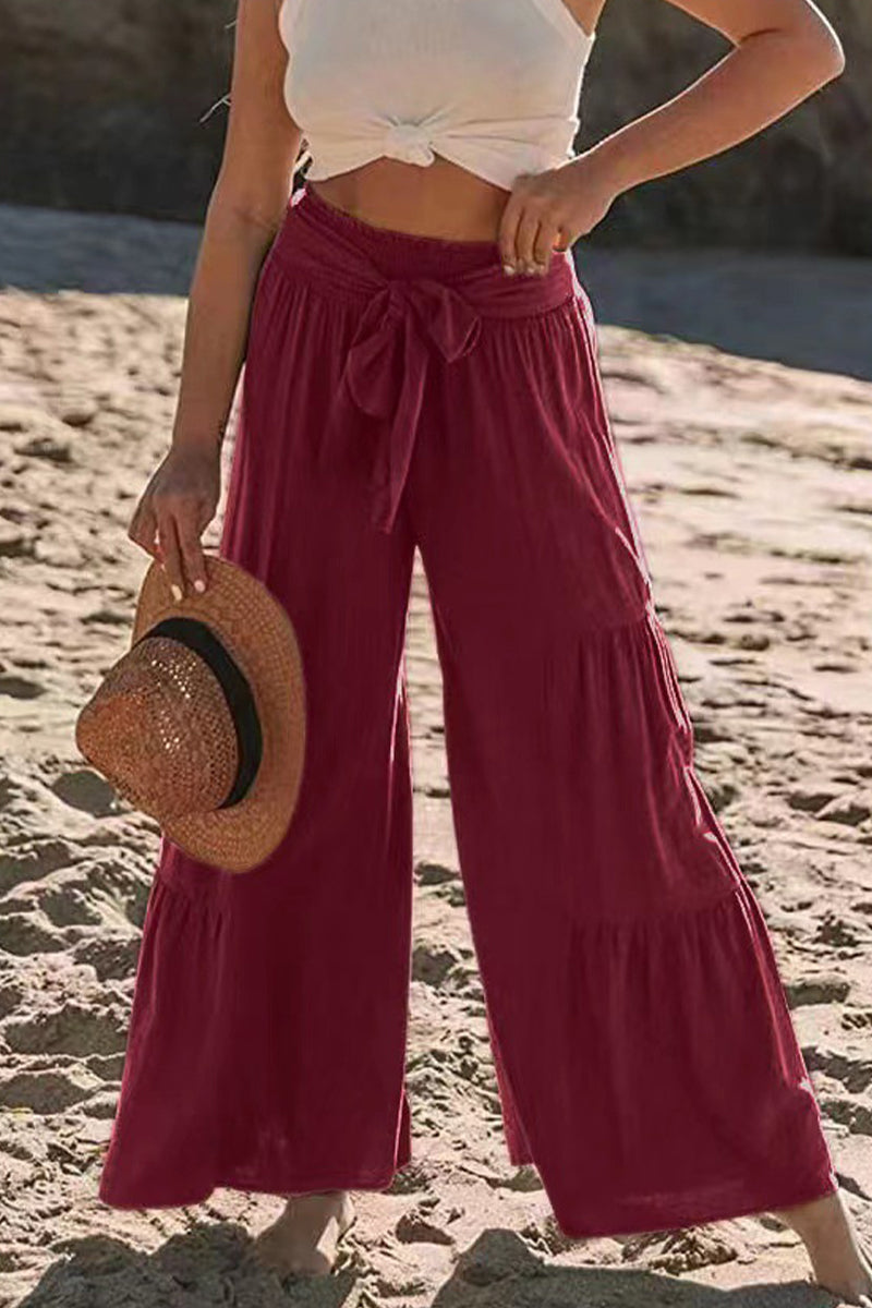 Casual Vacation Solid Bandage Fold Loose High Waist Wide Leg Solid Color Bottoms Fashionpara