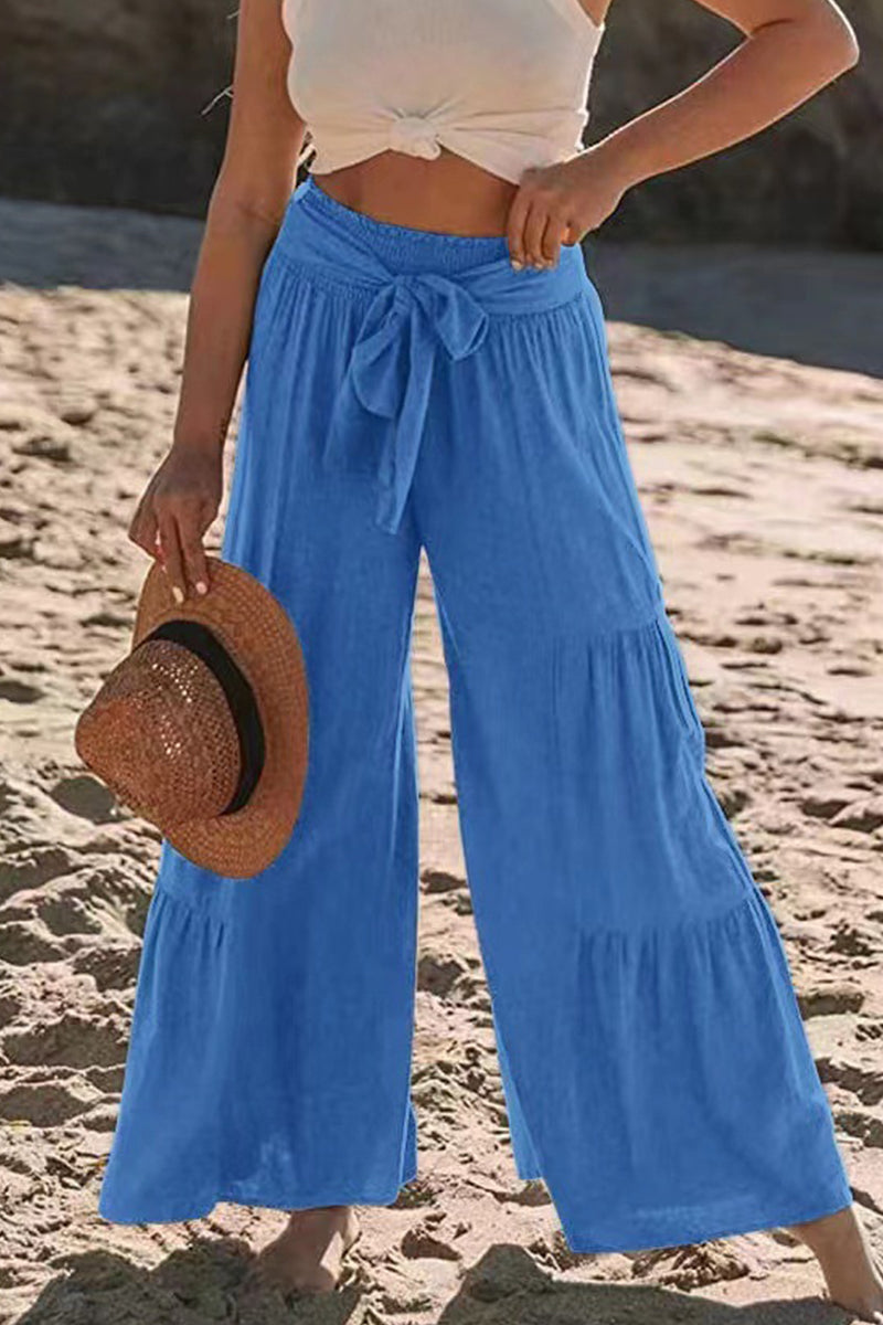 Casual Vacation Solid Bandage Fold Loose High Waist Wide Leg Solid Color Bottoms Fashionpara