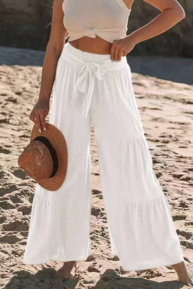 Casual Vacation Solid Bandage Fold Loose High Waist Wide Leg Solid Color Bottoms Fashionpara