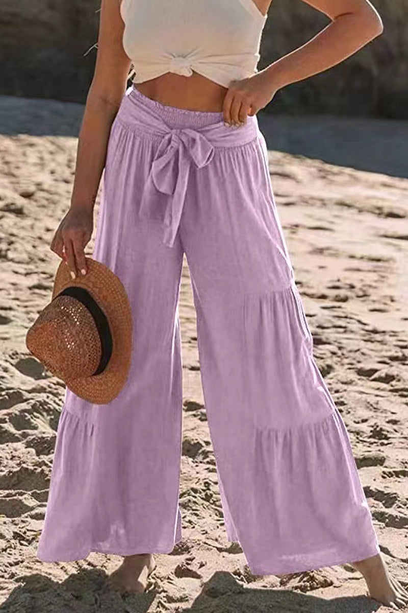 Casual Vacation Solid Bandage Fold Loose High Waist Wide Leg Solid Color Bottoms Fashionpara