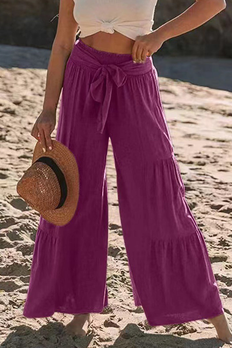 Casual Vacation Solid Bandage Fold Loose High Waist Wide Leg Solid Color Bottoms Fashionpara