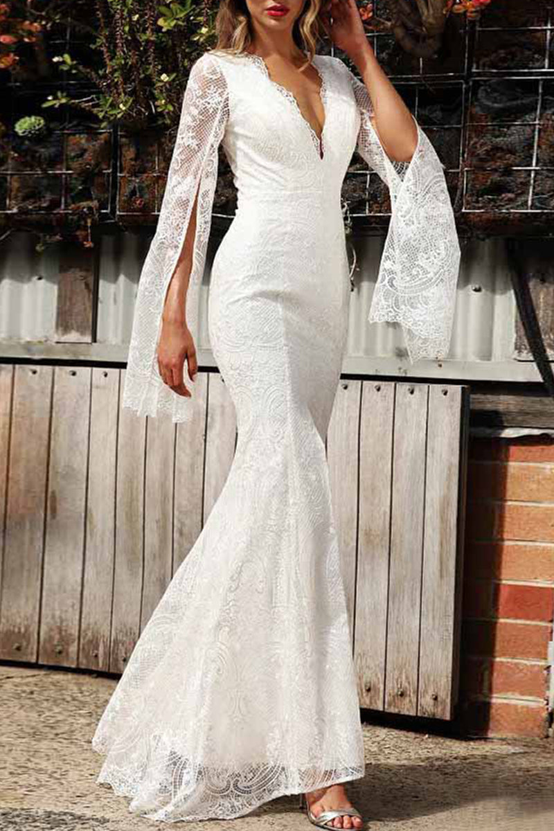 Sexy Formal Solid Lace Zipper V Neck Evening Dress Dresses - Fashionpara